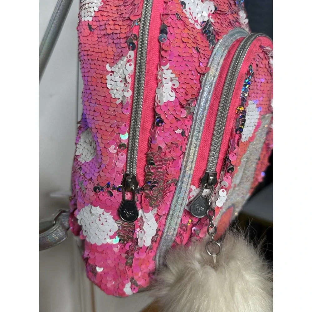 Justice Backpack Pink Sequined With‎ Fob EUC